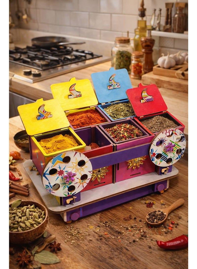 رف توابل خشبي لرمضان مع 4 مرطبانات قابلة للإزالة للأعشاب والتوابل وتنظيم المطبخ وتخزينها بشكل أنيق - Image 3